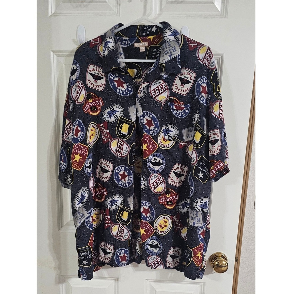 North River Beer Bottle Label Print Short Sleeve Rayon Button Down Shirt Mens XL
